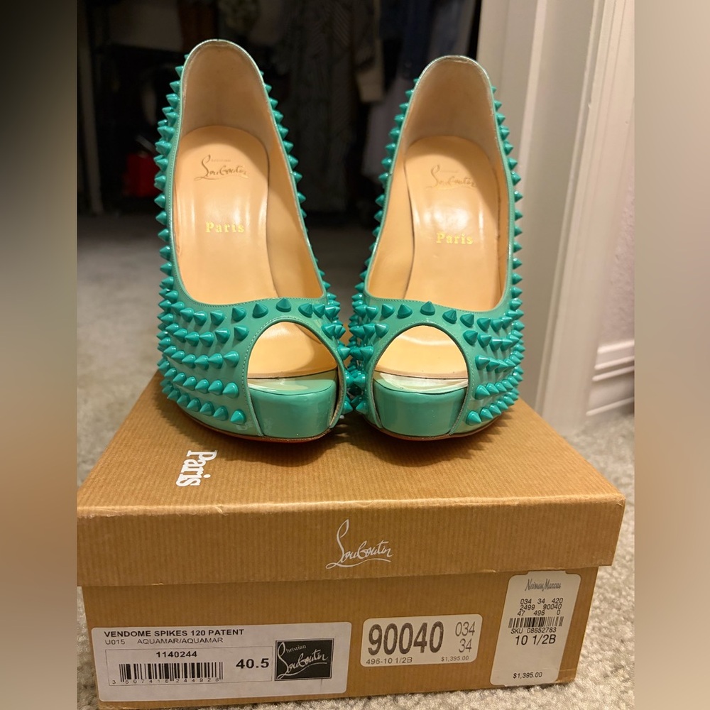 Christian Louboutin Aqua Spiked Peep-Toe Heels - Picture 2 of 3